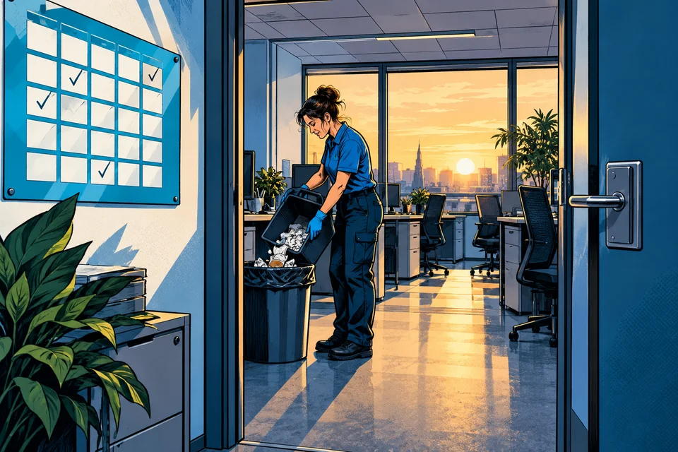 Comic-Illustration: Büroreinigung: Wie häufig ist eine Reinigung sinnvoll?