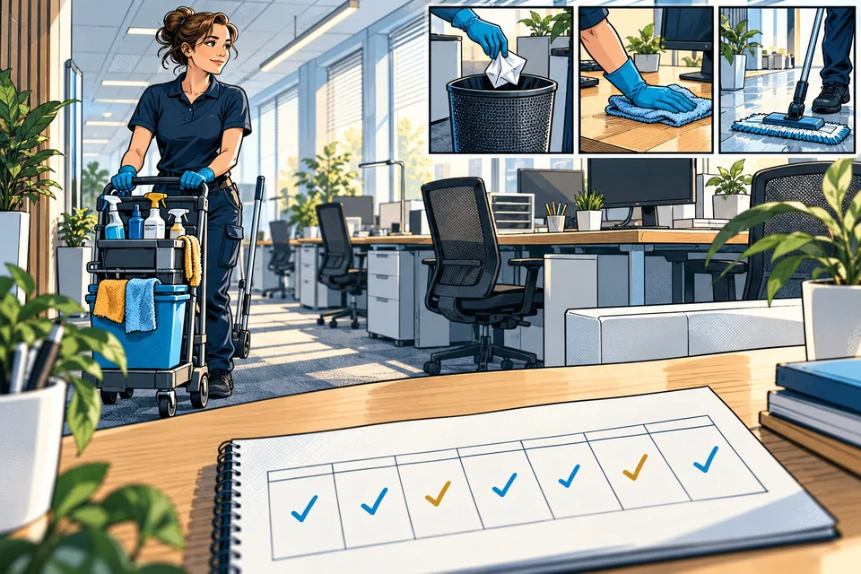 Comic-Illustration: Büroreinigung: Wie häufig ist eine Reinigung sinnvoll?