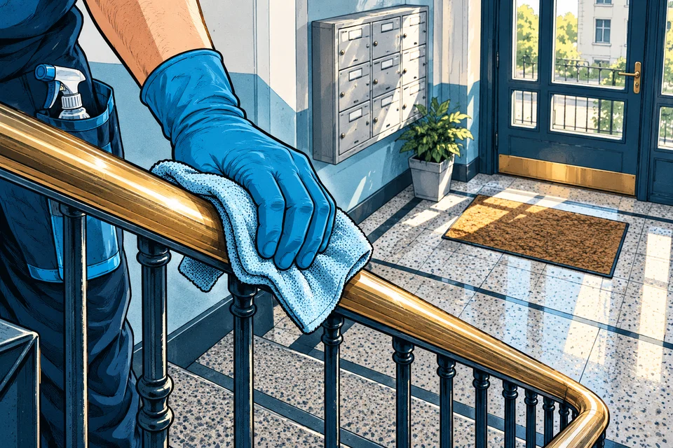 Comic-Illustration: Treppenhausreinigung für Hausverwaltungen