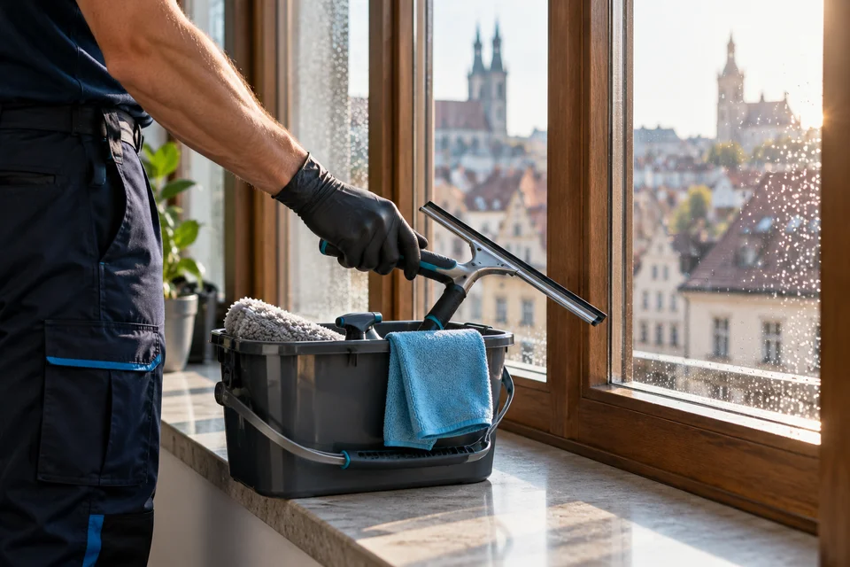 Glas- und Fensterreinigung – Arbeitssituation, illustratives Motiv